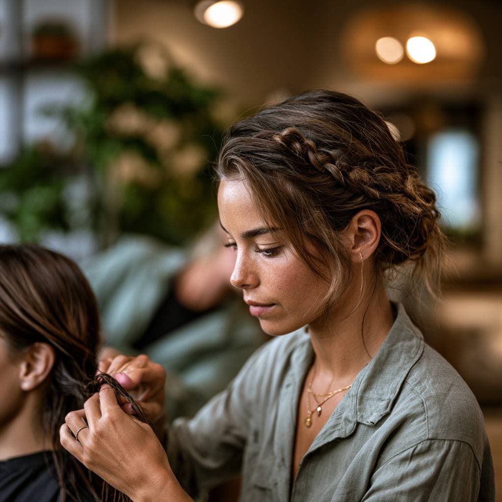 Kapster vlecht haar van klant in een sfeervolle salon